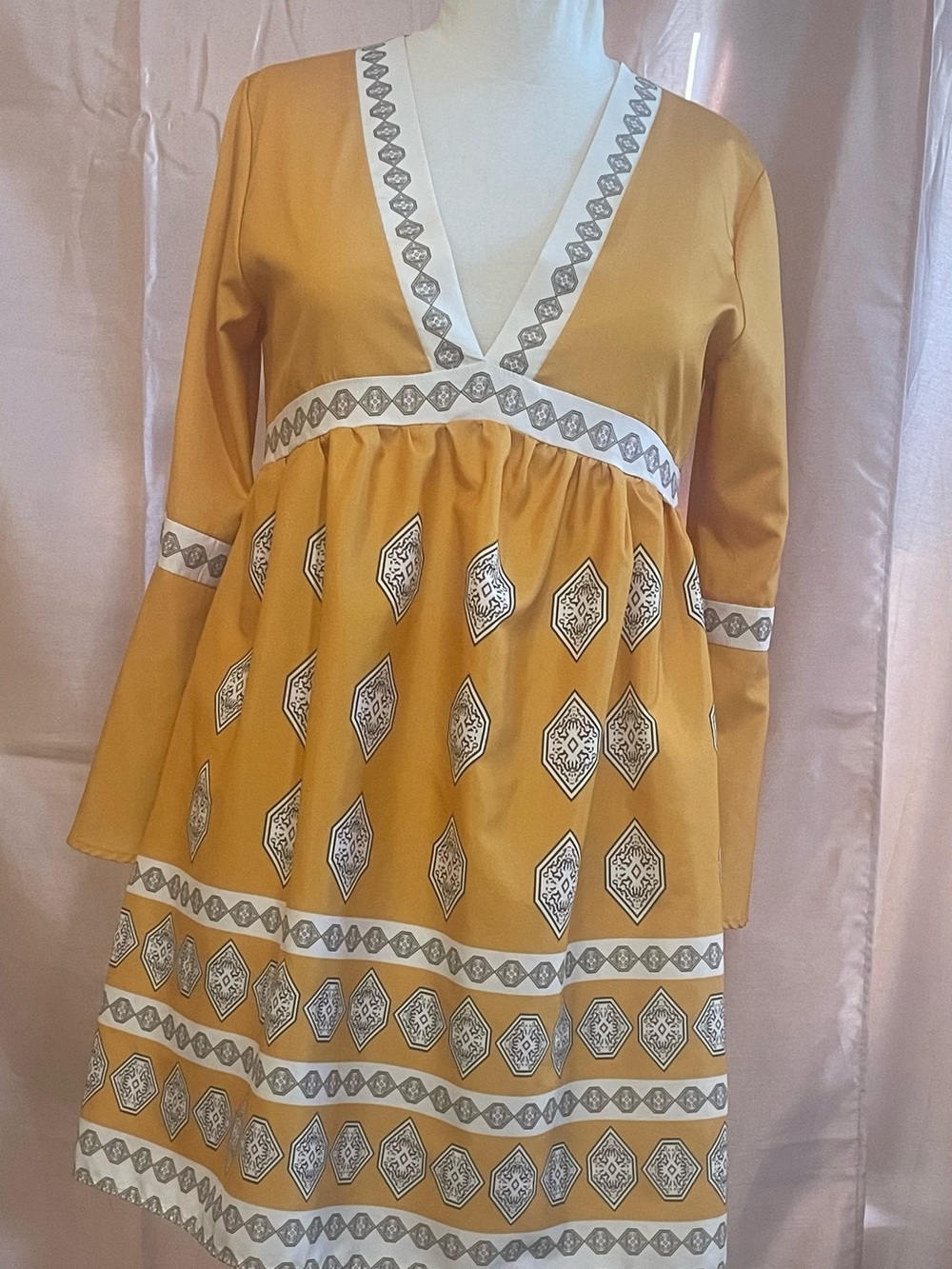 V-Neck Long-Sleeve Mini Dress in Mustard - Picture 4 of 11